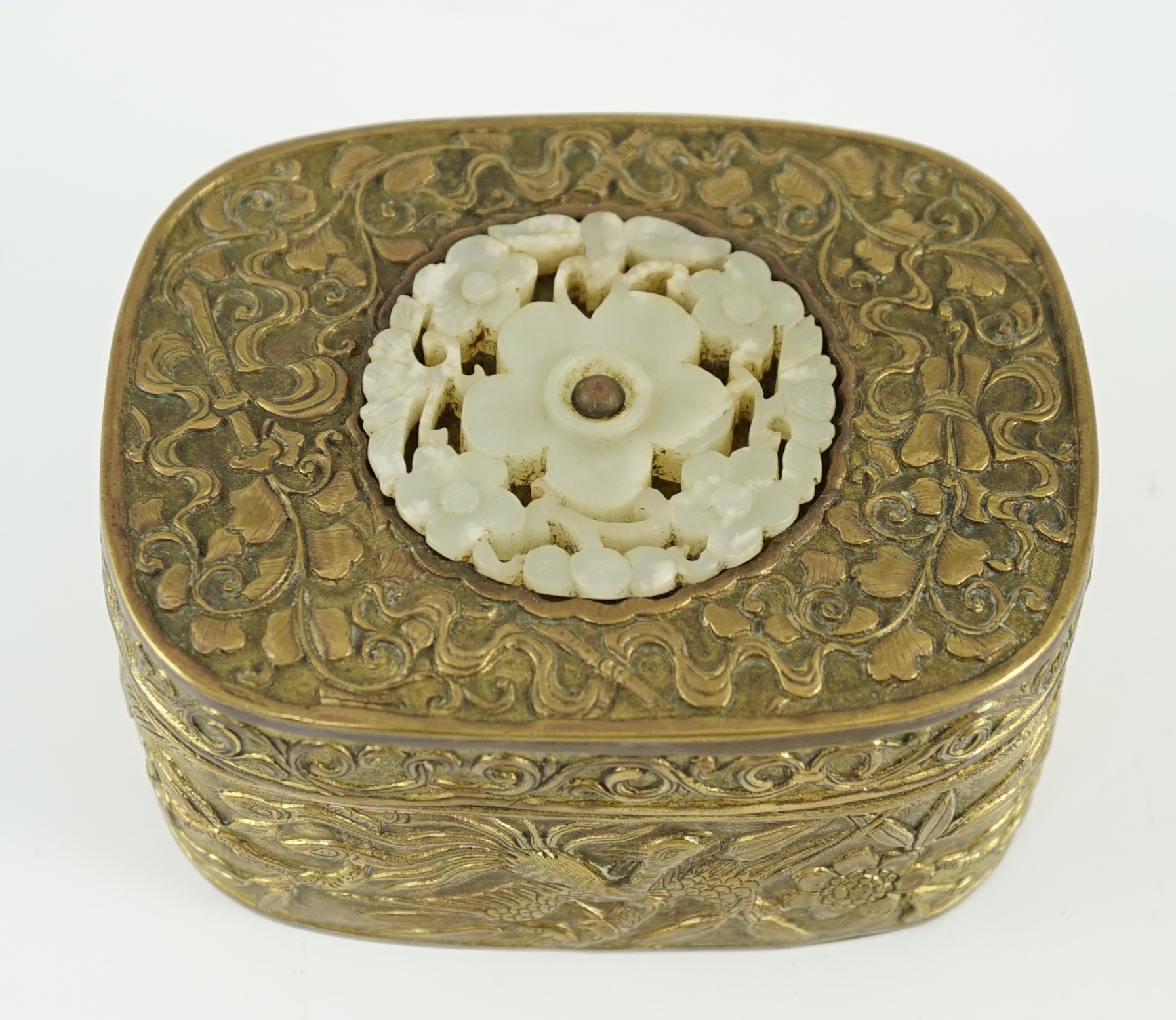 A Chinese jade mounted gilt metal box and cover, 19th century